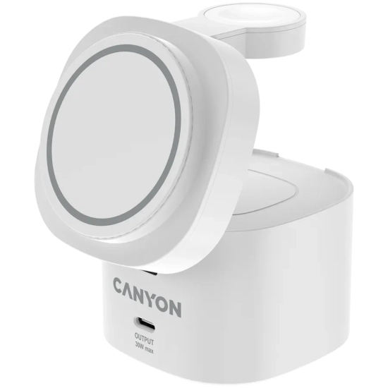 CANYON Stacja ładująca 4w1 bezprzew. 30W z kablem 1m biała