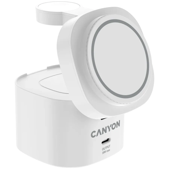 CANYON Stacja ładująca 4w1 bezprzew. 30W z kablem 1m biała
