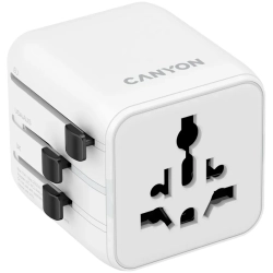Biały uniwersalny adapter podróżny CANYON OnTour One CNS-TA1005W z wysuwanymi wtykami EU, UK, US i AUS.