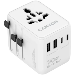Biały adapter podróżny CANYON OnTour 70 CNS-TA70W1006W z pięcioma portami USB i wysuwanymi wtykami.