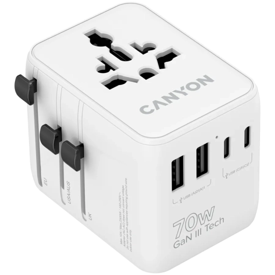 Biały adapter podróżny CANYON OnTour 70 CNS-TA70W1006W z pięcioma portami USB i wysuwanymi wtykami.