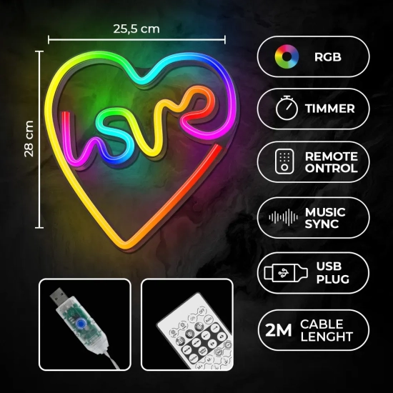 Neon LED RGB Forever Light LOVE w sercu FLRN02 z pilotem