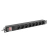 Czarna listwa PDU Lanberg PDU-08E-0200-BK do RACK 19 cali 1U z ośmioma gniazdami typu E i przewodem zasilającym.