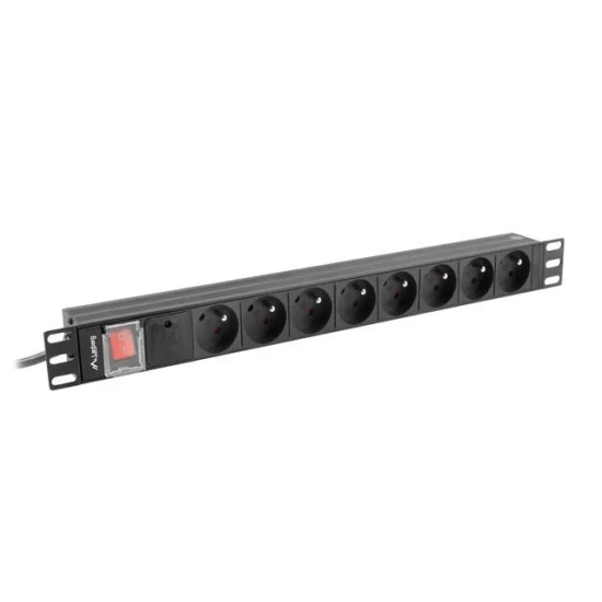 Czarna listwa PDU Lanberg PDU-08E-0200-BK do RACK 19 cali 1U z ośmioma gniazdami typu E i przewodem zasilającym.