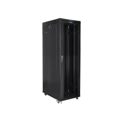 Czarna stojąca szafa Rack Lanberg FF01-8042-12BL 42U 19", 800 × 1000 mm, z przeszklonymi drzwiami przednimi. Czarna stojąca szafa Rack Lanberg FF01-8042-12BL 42U 19", 800 × 1000 mm, z przeszklonymi drzwiami przednimi.