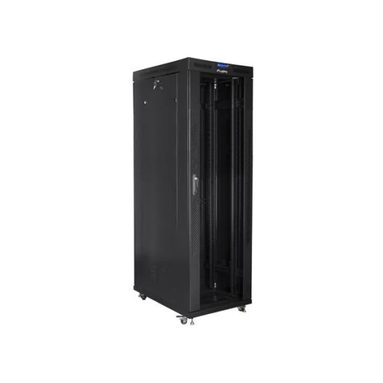Czarna stojąca szafa Rack Lanberg FF01-8042-12BL 42U 19", 800 × 1000 mm, z przeszklonymi drzwiami przednimi.