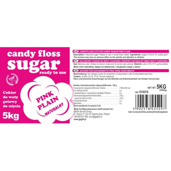 GSG24 Kolorowy cukier do waty cukrowej czerwony o smaku naturalnym 5kg