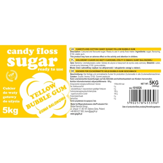 GSG24 Kolorowy cukier do waty cukrowej żółty o smaku gumy balonowej 5kg