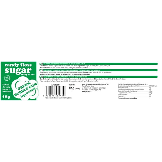 GSG24 Kolorowy cukier do waty cukrowej zielony o smaku gumy balonowej 1kg