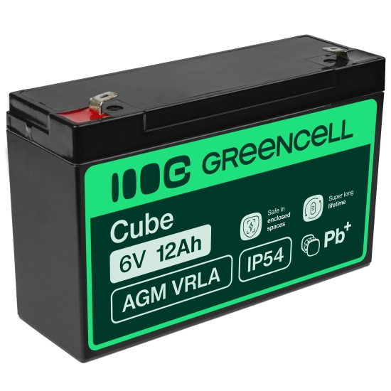Akumulator Green Cell AGM01, wariant AGM VRLA 6 V 12 Ah, złącze Faston 187 (F1).