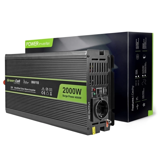 Czarna przetwornica napięcia Green Cell INV10 12V na 230V, 2000W/4000W.