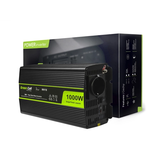 Czarna przetwornica napięcia Green Cell INV18 24V na 230V, 1000W/2000W.