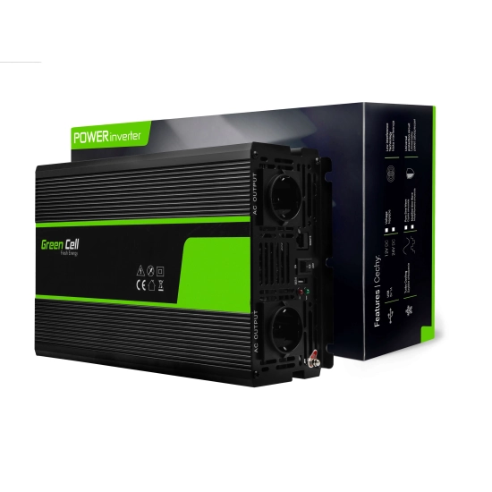 Czarna przetwornica napięcia Green Cell INV22 12V na 230V, 1500W/3000W.