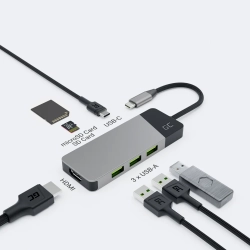 Srebrny hub Green Cell GC Connect HUBGC01 7w1 z HDMI, USB, USB-C PD, SD i microSD.