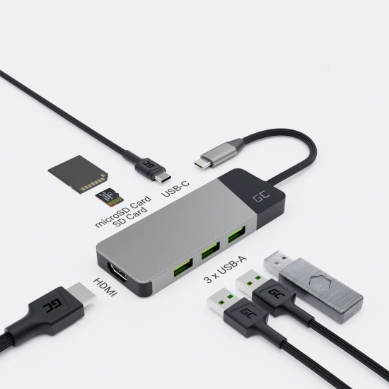 Srebrny hub Green Cell GC Connect HUBGC01 7w1 z HDMI, USB, USB-C PD, SD i microSD.