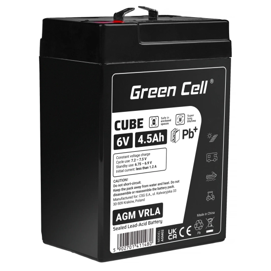 Akumulator Green Cell AGM6V4-5AH-J, wariant AGM VRLA 6 V 4,5 Ah, złącze Faston 187 (F1).