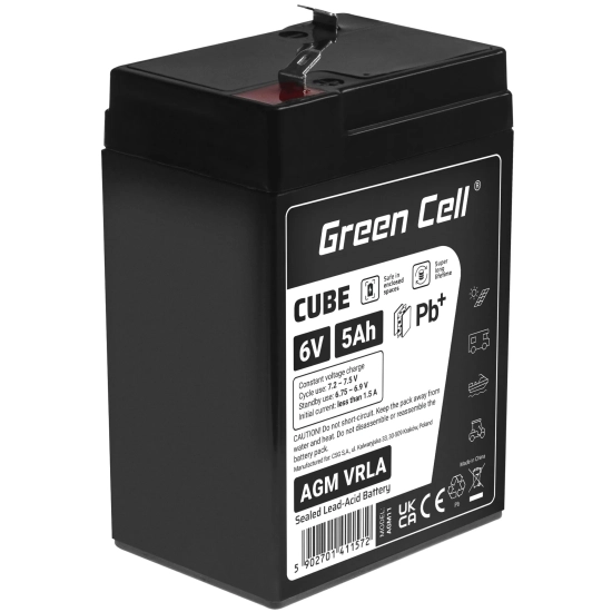 Akumulator Green Cell AGM6V5AH-J, wariant AGM VRLA 6 V 5 Ah, złącze Faston 187 (F1).