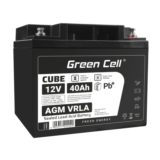 Akumulator Green Cell AGM12V40AH-J, wariant AGM VRLA 12 V 40 Ah, złącze M6.