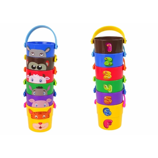 LEAN TOYS Kolorowe wiaderka ze zwierzątkami piramidka