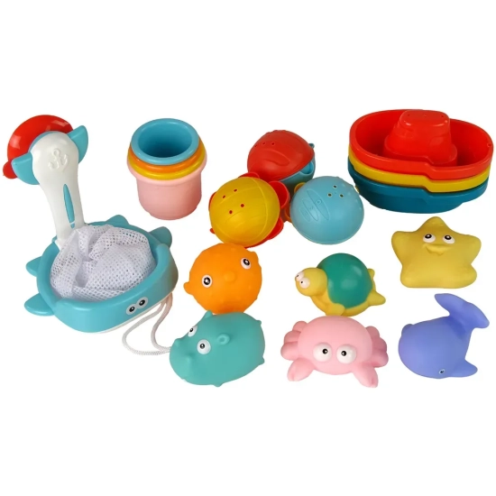 LEAN TOYS Zestaw do kąpieli zwierzątka łódki 17 el.