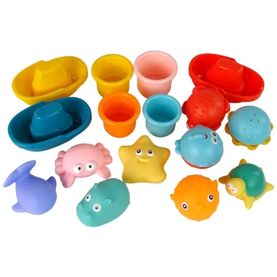 LEAN TOYS Zestaw do kąpieli zwierzątka łódki 17 el.