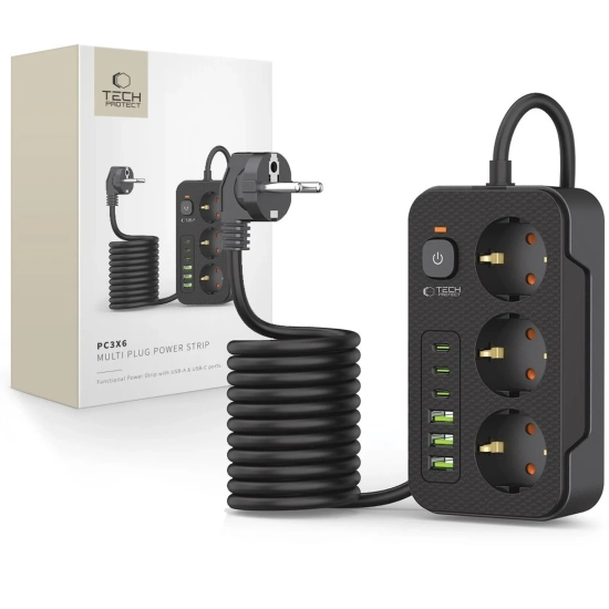 Tech-Protect Listwa zasilająca przedłużacz 3 gniazda 240V USB-A USB-C 2m
