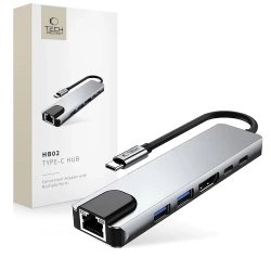 Tech-Protect 6w1 HUB Adapter USB-C USB-A HDMI RJ45 4K 30Hz PD 100W - szary