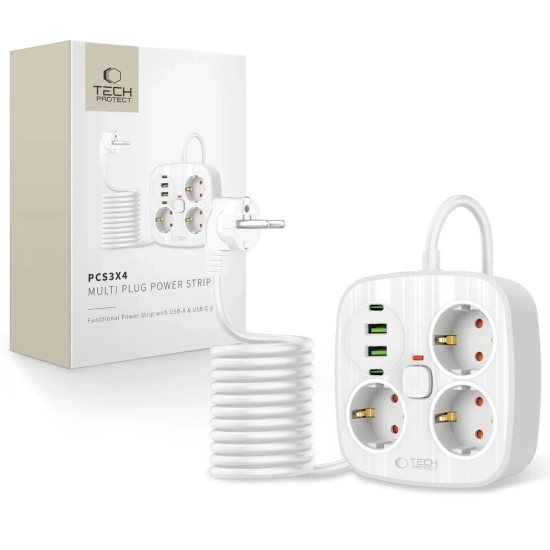 Tech-Protect Listwa zasilająca 3 gniazda sieciowe 2x USB-A 2x USB-C 200 cm