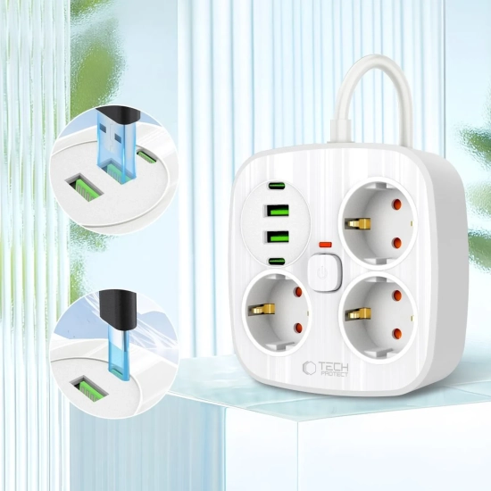 Tech-Protect Listwa zasilająca 3 gniazda sieciowe 2x USB-A 2x USB-C 200 cm