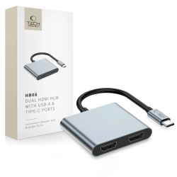 Tech-Protect HUB adapter 4w1 USB-C USB-A 2x HDMI 4K 60HZ - szary