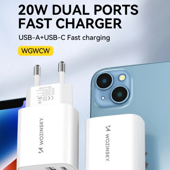 WOZINSKY Ładowarka sieciowa 20W USB-A USB-C 100-240V biała