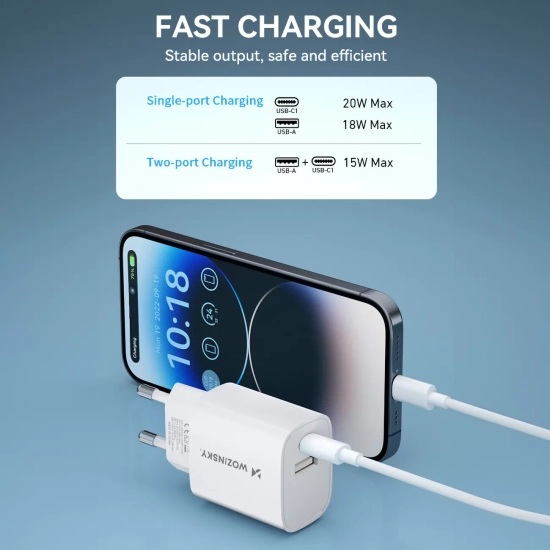 WOZINSKY Ładowarka sieciowa 20W USB-A USB-C 100-240V biała