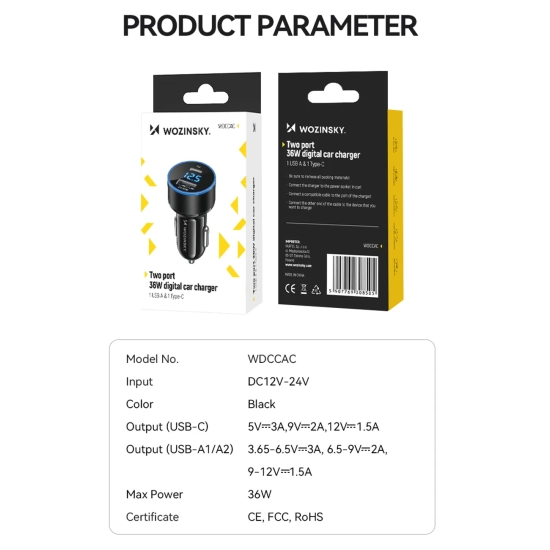 WOZINSKY Ładowarka samochodowa do zapalniczki USB-C USB-A 36W czarna