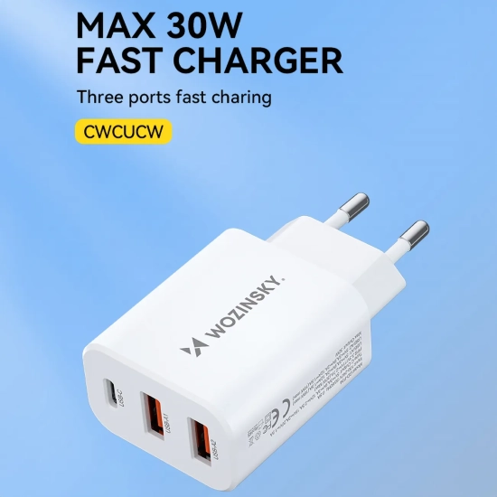 WOZINSKY Ładowarka sieciowa 100-240V 30W USB-C 2x USB-A biała