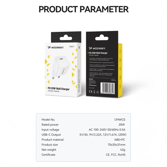 WOZINSKY Ładowarka sieciowa 100-240V PD USB-C 20W biała