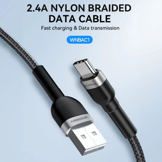 WOZINSKY Kabel przewód w oplocie USB-A - USB-C 2.4A 1m czarny