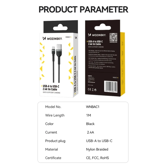 WOZINSKY Kabel przewód w oplocie USB-A - USB-C 2.4A 2m czarny