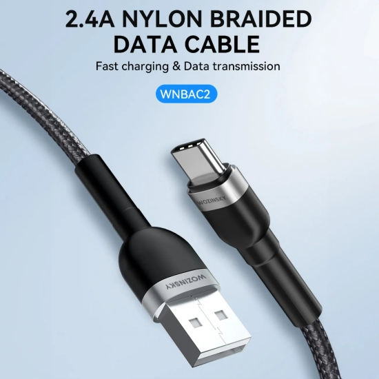 WOZINSKY Kabel przewód w oplocie USB-A - USB-C 2.4A 2m czarny