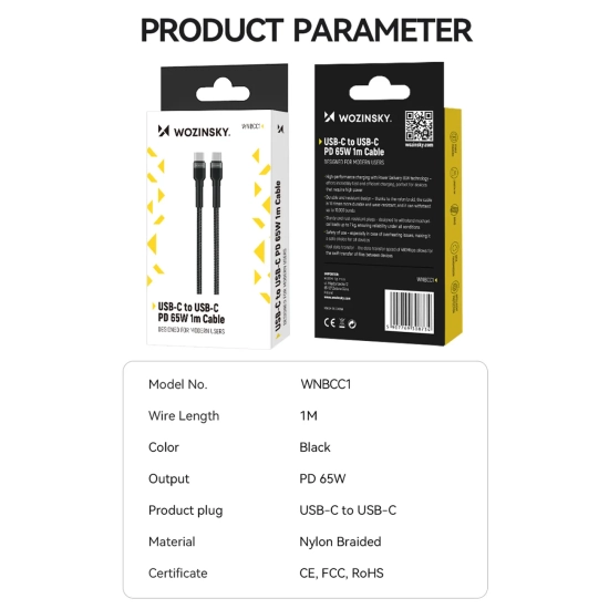WOZINSKY Kabel przewód w oplocie USB-C - USB-C PD 65W 1m czarny