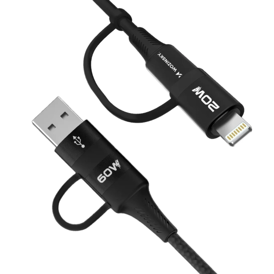 WOZINSKY 4w1 Uniwersalny kabel przewód 2x USB-C 1x USB-A 1x Lightning 60W
