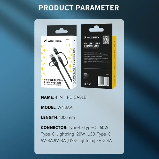 WOZINSKY 4w1 Uniwersalny kabel przewód 2x USB-C 1x USB-A 1x Lightning 60W