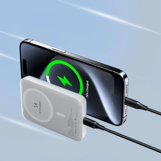 WOZINSKY Powerbank magnetyczny 10000 mAh z kablem USB-C 25 cm - biały