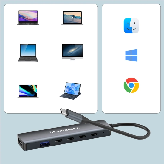 WOZINSKY 6w1 Hub rozdzielacz USB-A USB-C DisplayPort HDMI - szary