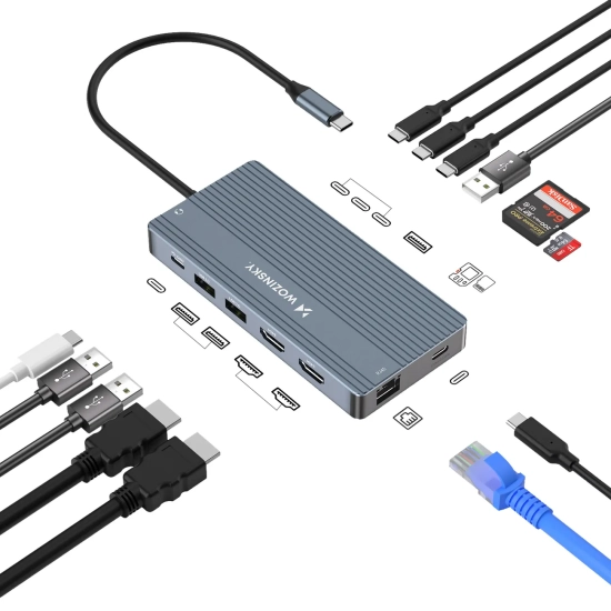 WOZINSKY 14w1 HUB do 3 monitorów USB-A USB-C DisplayPort HDMI RJ45 SD TF