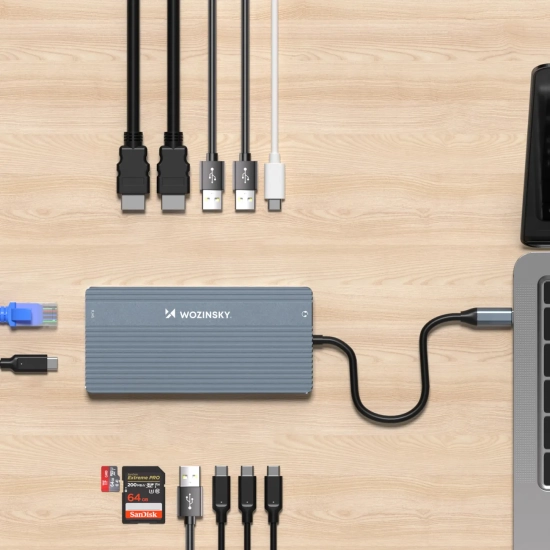 WOZINSKY 14w1 HUB do 3 monitorów USB-A USB-C DisplayPort HDMI RJ45 SD TF