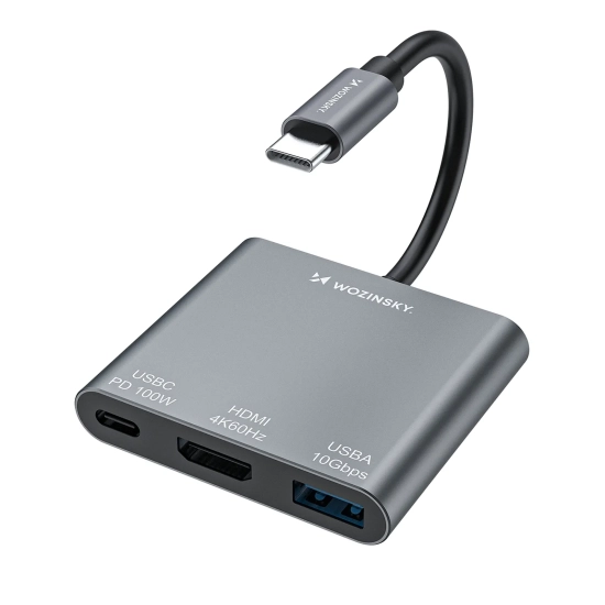WOZINSKY Hub rozdzielacz USB-C na USB-C USB-A HDMI PD 10 Gb/s 4K - szary