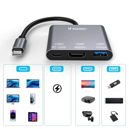 WOZINSKY Hub rozdzielacz USB-C na USB-C USB-A HDMI PD 10 Gb/s 4K - szary
