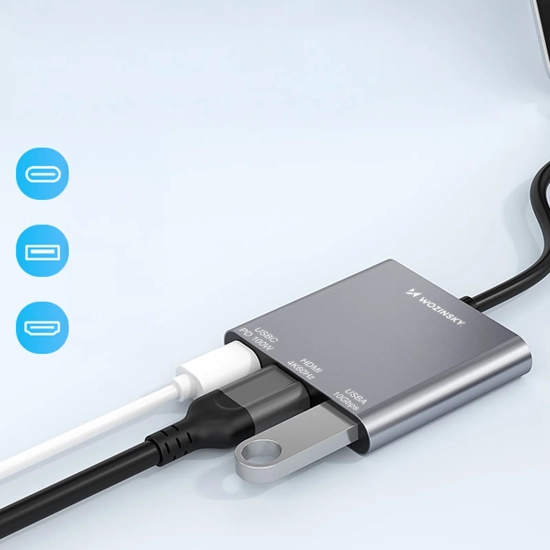 WOZINSKY Hub rozdzielacz USB-C na USB-C USB-A HDMI PD 10 Gb/s 4K - szary