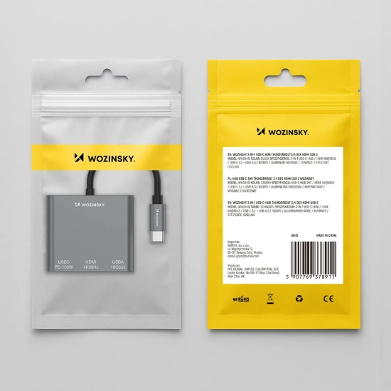 WOZINSKY Hub rozdzielacz USB-C na USB-C USB-A HDMI PD 10 Gb/s 4K - szary