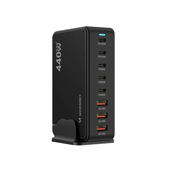 WOZINSKY Stacja ładująca biurkowa 3x USB-A 5x USB-C GaN QC3 440W - czarna